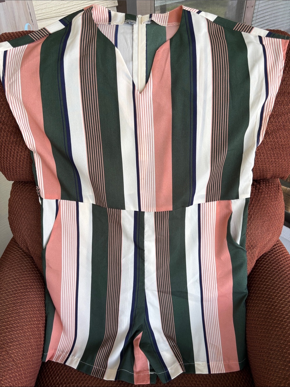 Striped V-Neck Short Romper in Peach, Green & Cream with Matching Belt